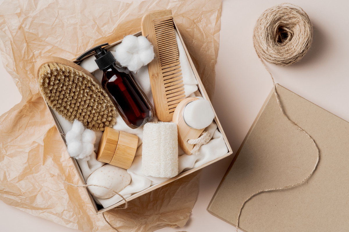 Beauty Box with Bottles of Natural Cosmetics, Body Brush, Bamboo Hair Comb, Loofah.